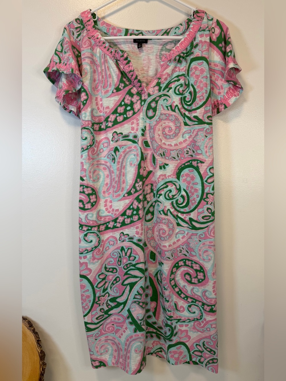 Talbots Pink & Green Paisley V-Neck Midi Dress Flutter Sleeve Embroidery Medium